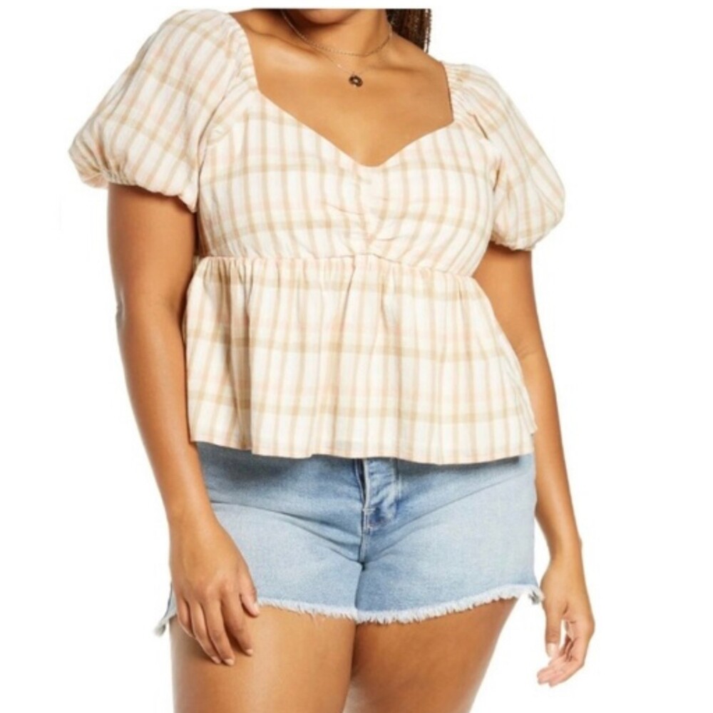 NWT BP. Pink Beige Park Plaid  Milk Maid Baby Doll Top Size 1X
